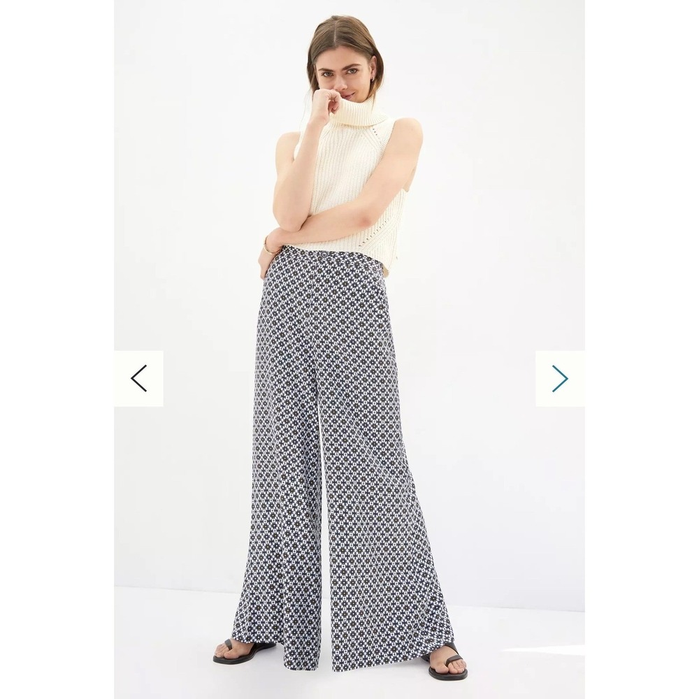 Maeve Anthropologie Callan Wide Leg Pants Geometric Tile Print Blue White 14
